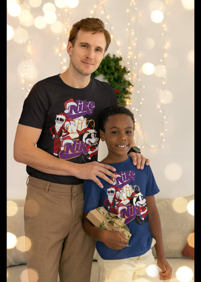 Bella + Canvas Unisex Jersey T-Shirt | 3001C Jack and mickey Christmas shirt with sports logo in back ground