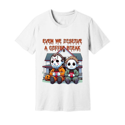 Unisex Jersey Tee Mike Myers and Jason having a well deserved coffee break horror shirt scary shirt Halloween gift birthday present