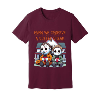 Unisex Jersey Tee Mike Myers and Jason having a well deserved coffee break horror shirt scary shirt Halloween gift birthday present