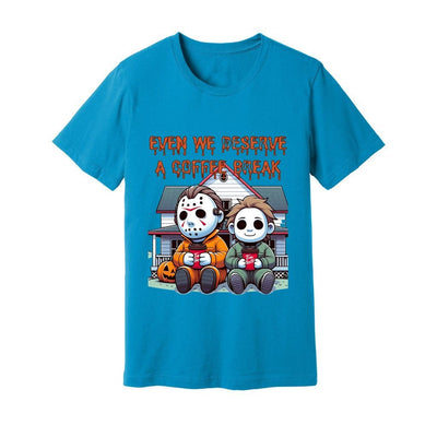 Unisex Jersey Tee Mike Myers and Jason having a well deserved coffee break horror shirt scary shirt Halloween gift birthday present