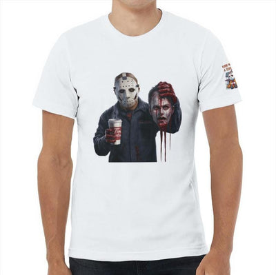 Unisex Jersey Tee Mike Myers and Jason having a well deserved coffee break horror shirt scary shirt Halloween gift birthday present
