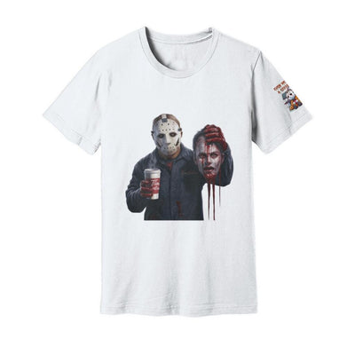 Unisex Jersey Tee Mike Myers and Jason having a well deserved coffee break horror shirt scary shirt Halloween gift birthday present